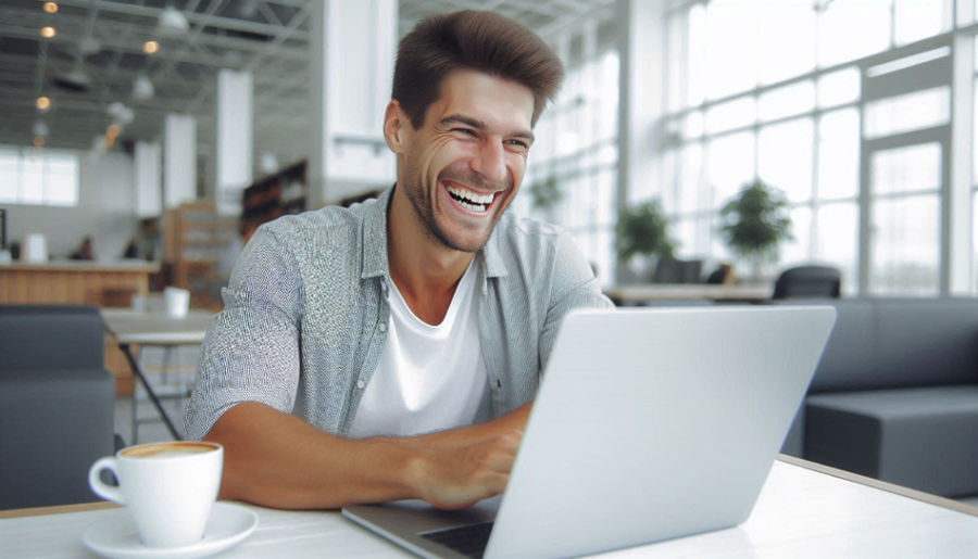 10 Innovations in Online Slot Technology Enhancing Betting Strategies A man smiles broadly while sitting in front of a laptop clearly pleased with what he sees on the screen - 10 Innovations in Online Slot Technology Enhancing Betting Strategies