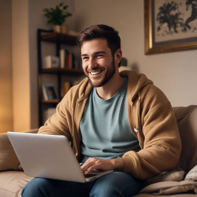 5 Ways Modern Technology Simplifies Secure Betting on Baccarat Sites A man sits in a cozy home using his laptop smiling as if hes won a game - 5 Ways Modern Technology Simplifies Secure Betting on Baccarat Sites