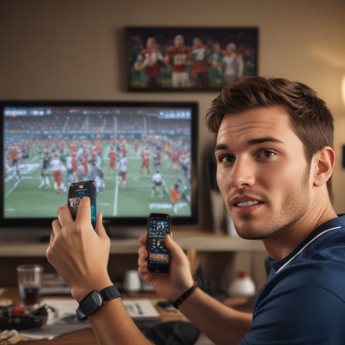4 Key Betting Tech Trends Enhancing Sports Broadcast Viewing A sports fan watching a live game on TV with real time betting odds displayed on screen - 4 Key Betting Tech Trends Enhancing Sports Broadcast Viewing