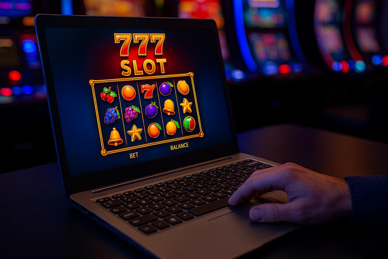 The Smart Gambler’s Edge: 5 High-Tech Benefits of Using Trusted Slot Sites Person playing online slot game on laptop in neon lit gaming room - The Smart Gambler’s Edge: 5 High-Tech Benefits of Using Trusted Slot Sites