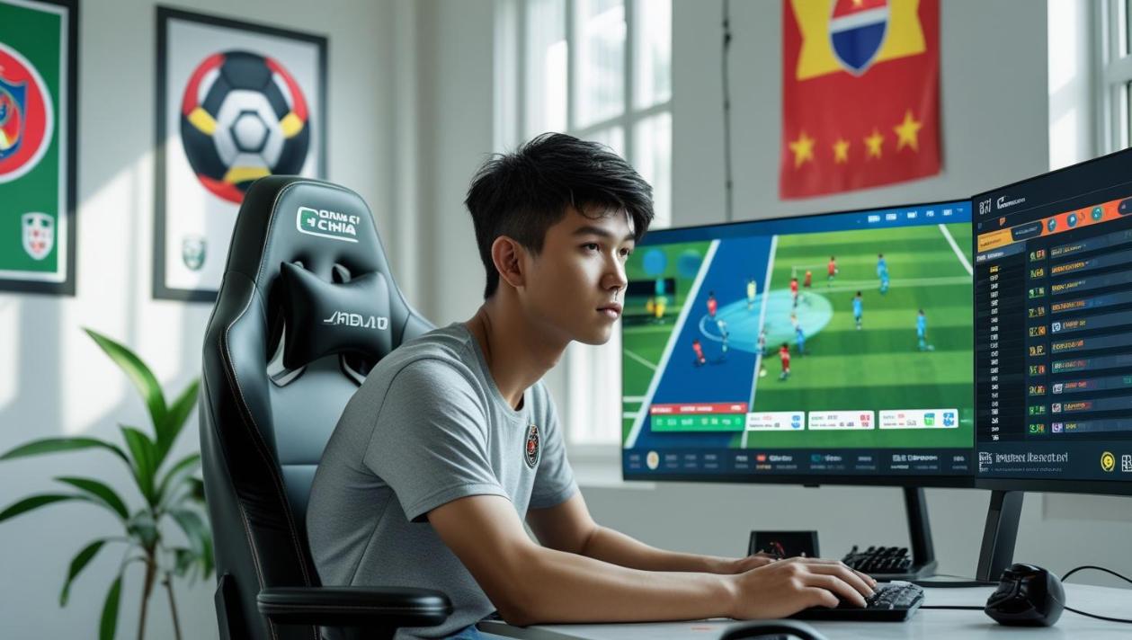 Young man watching Indonesia vs China soccer match while using a betting dashboard - 4 Unexpected Tech Advancements Sparked by Indonesia-China Sports Betting Rivalries
